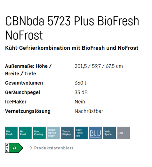 利勃海尔CBNbda 5723 Plus独立式冰箱 生物养鲜